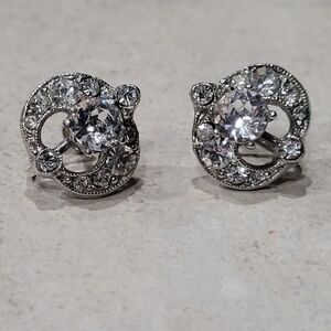 Vintage Bogoff Signed Earrings Clear Rhinestones on Silver Toned Fashion Jewelry